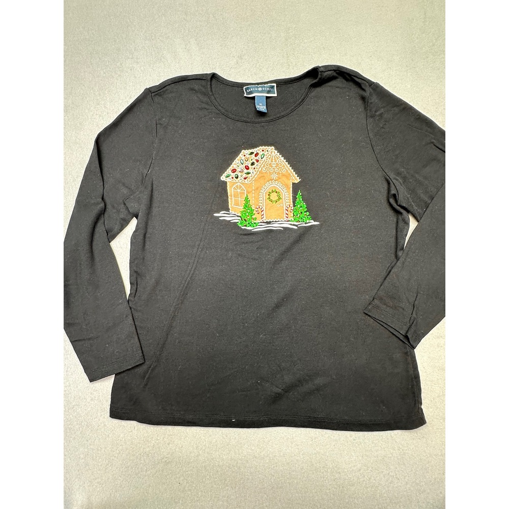 Karen Scott Black Gingerbread House Beaded Embroidered Holiday Top XL Cotton
